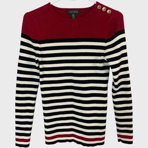 Lauren Ralph Lauren Rib-Knit Sweater Womens Medium Black White Striped Crewneck
